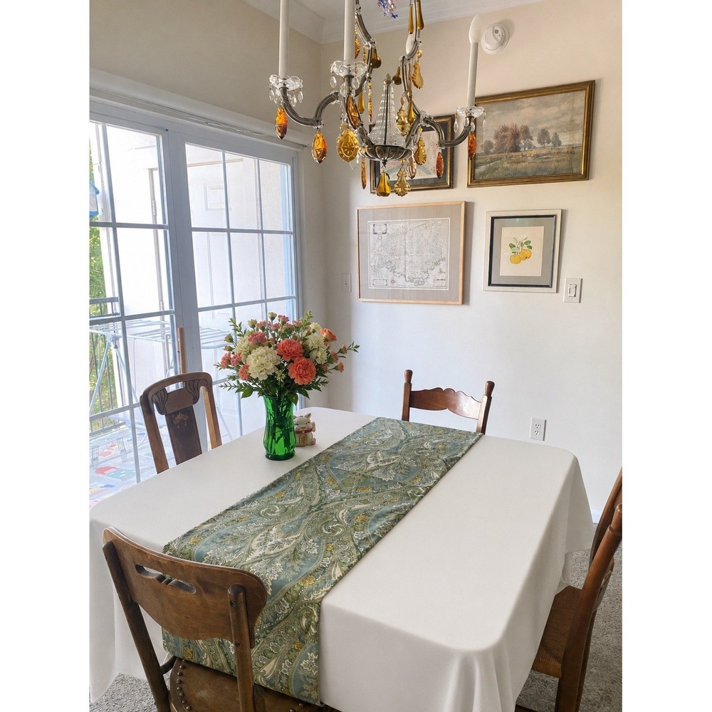 Pottery Barn Tablecloth  And Table Runner Cream Green Paisley Cotton Provence